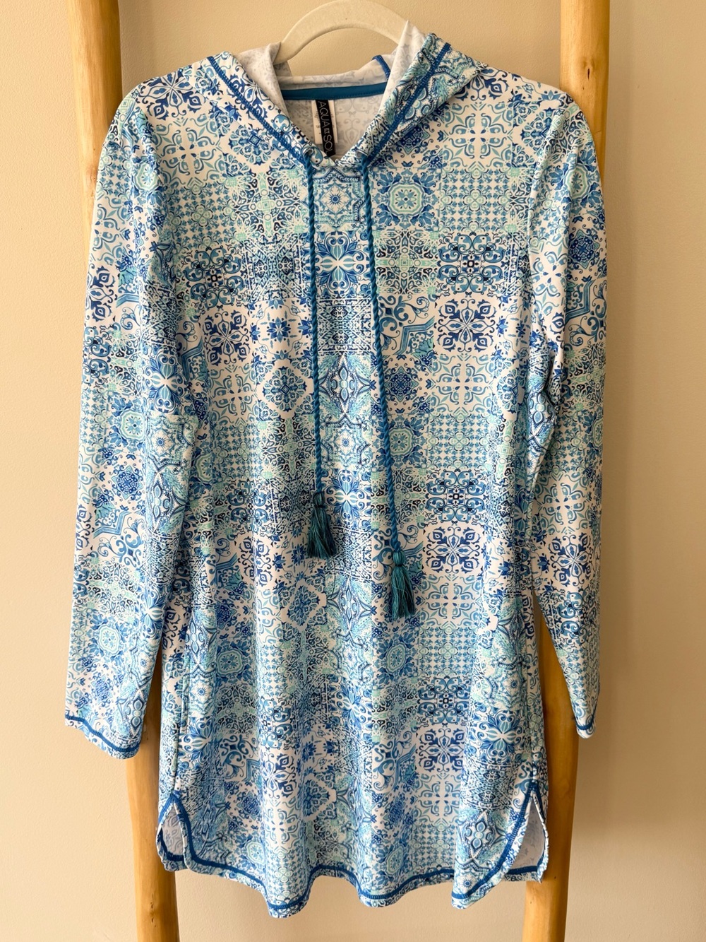 Aqua Et Sol Blue Mosaic Print Hooded Swim UPF 50+ Sun Protection Coverup Dress L